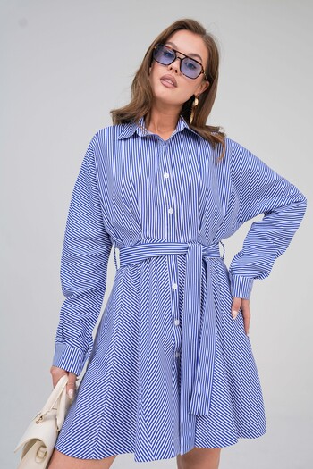 VOLT CLOTHİNG Women's Shirt Collar Striped Dress
