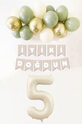 Atölye Mi 5 Years Birthday Mildew Green Sea Sand Gold Balloon Banner Birthday Balloon Set
