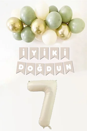 Atölye Mi 7 Years Birthday Mildew Green Sea Sand Gold Balloon Banner Birthday Balloon Set