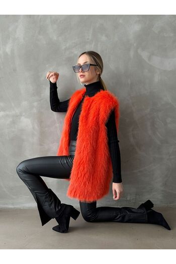 Caddebostan Moda Orange Feather Long Fur Stylish Premium Luxury Trend Special Design Women's Vest