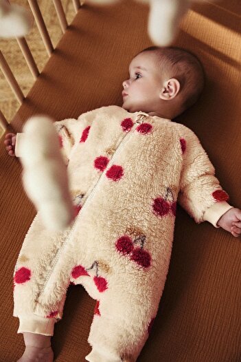 Next Baby Unisex %100 Organik Pamuk İşlemeli Kiraz Desenli Krem Polar Uyku Tulumu ALYN77678