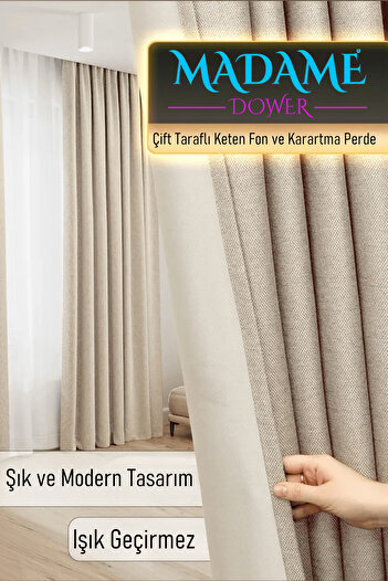 Madame Dower Deste V3 Bej Çift Taraflı Keten Fon Ve Karartma Perde - %50 Işık Geçirmez Güneşlik , Kolay Montaj