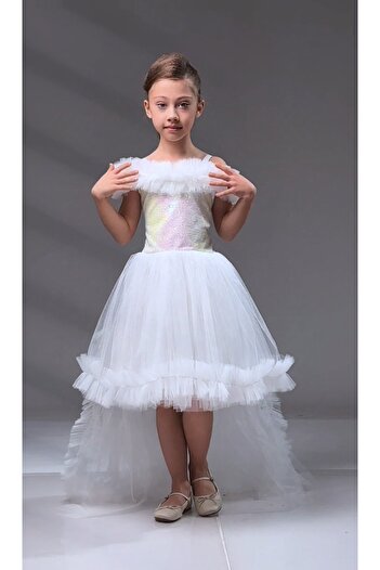 ABİYEKİDS White Children's Evening Dress with Glitter Sequins - with Train, Wedding Party, Aby170