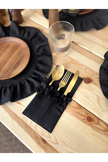 KaiHome Black Linen Cutlery Holder - Set of 6, 3 Compartments, Ruffle Detail, Fork-Spoon-Knife Holder