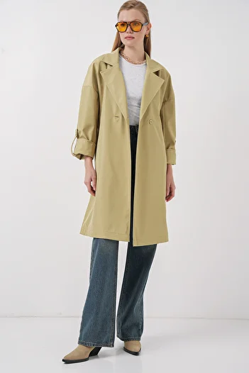 Bigdart 9104 Double Breasted Neckline Lined Trench Coat - Oil Green