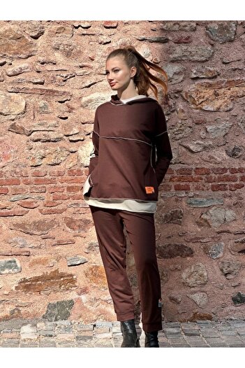 Modayakamoz Women's Coffee Hooded Skirt Detail Crest Reverse Stitching Double Suit