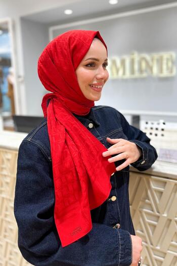 Armine Zincir Desen, Pamuk Jakarlı Şal - DIA6-4831 - Kırmızı