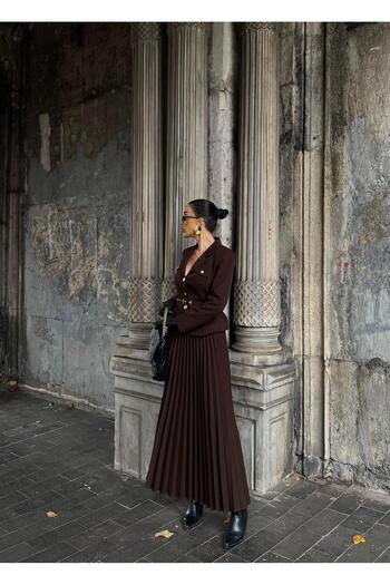 Rabury Butik Elizabeth Gold Belted-Buttoned Blazer Jacket and Pleated Skirt Set