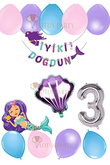 LOTUS PARTY Deniz Kızı Doğum Günü Seti - Deniz Kızı Folyo Balon Deniz Kızı Banner Pembe Mor Mavi Balon 3 Yaş