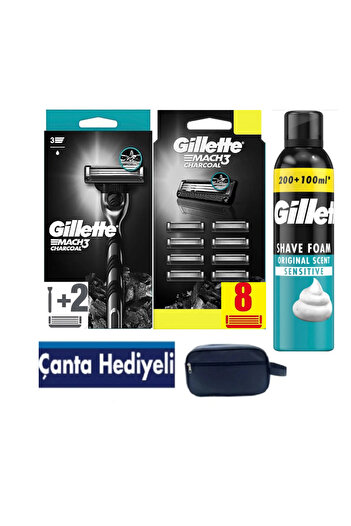 Gillette Mach3 Charcoal Machine + 10Pcs Replacement Razor Blades +300Ml Foam + Bag