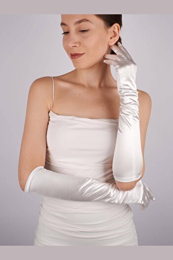 Hobigram Off White Satin Long Bridal Gloves 48 cm Dance Opera Gloves – Party Gloves, Stylish Design – Par