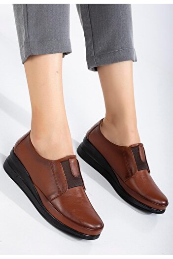 Dilimler Ayakkabı Orthopedic Genuine Leather Women's Wedge Heeled Shoes - Tan Elastic Band Laceless