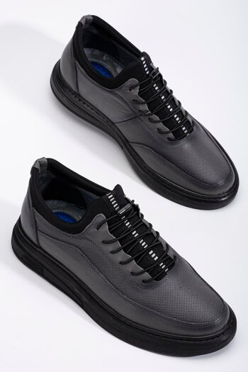 Dilimler Ayakkabı Genuine Leather Orthopedic Men's Casual Shoes Gray Stretch Elastic Laced