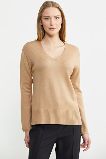 Sementa Camel Loose V-Neck Basic Knitwear Sweater