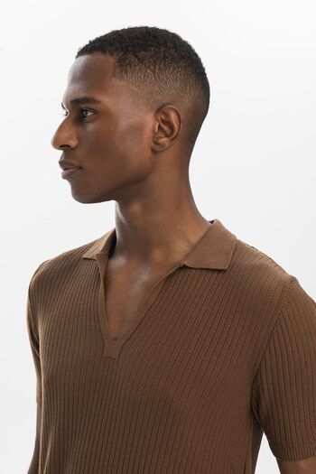 hateko Tan V-Neck Knitwear Polo T-Shirt