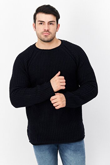 French Connection Men Crew Neck Waffle Knit Long Sleeves Sweater, Dark Navy