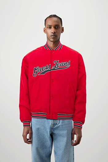 Guess Jeans Erkek Logolu Çıtçıtlı Kırmızı Bomber Ceket