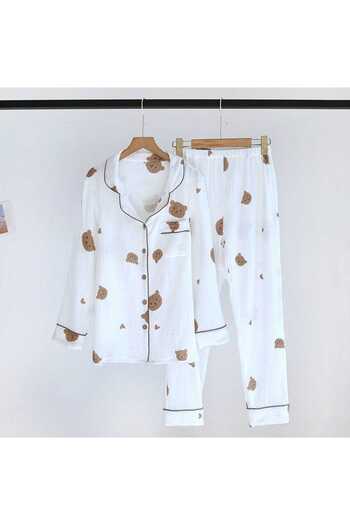 PEMBİŞ HOMEWEAR Bürümcük Shirt Collar White Bear Pajama Set