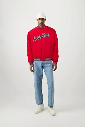 Guess Jeans Men's Logo Red Bomber Jacket with Snap Fasteners