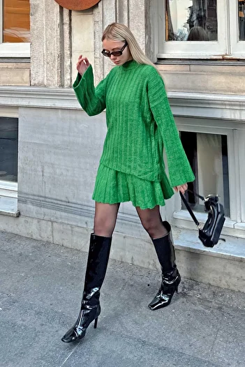 Swist Green Crew Neck Sweater-Skirt Bottom-Top Women's Knitwear Set