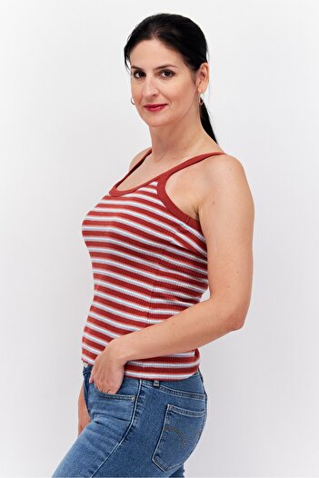 Esprit Women Round Neck Sleeveless Stripe Top, Maroon