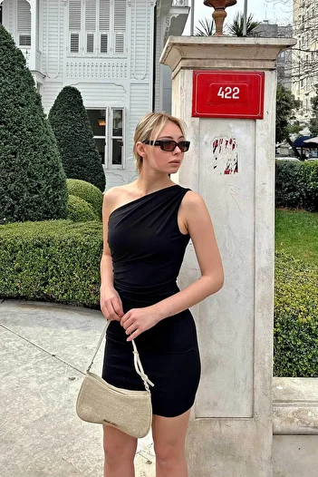 Swist Black One Shoulder Waist and Shoulder Draped Women's Mini Dress