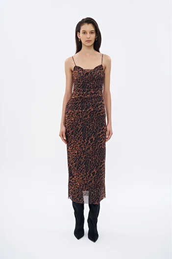 Quzu Thin Straps Leopard Print Draped Long Dress Brown