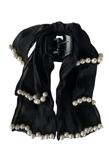 TAKIŞTIR Black Color Ribbon Figured Pearl Detailed Peg Buckle