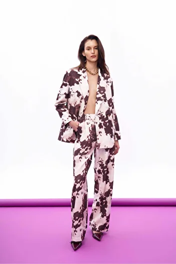 Quzu Cow Print High Waist Wide Leg Trousers Brown