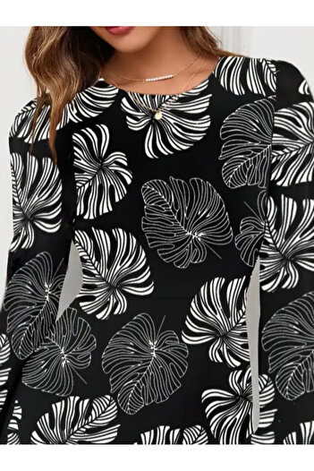 buğrahayalin Women's Long Sleeve Crew Neck Print Short Crepe Dress