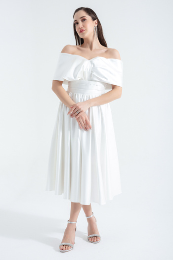 Lafaba Women's White Boat Neck Flared Midi Satin Evening Dress