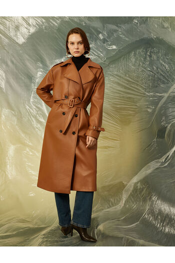 Koton Long Leather Look Jacket with Belt