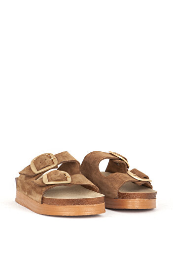 Dericlub Tan Suede Leather Women's Slippers - Double Banded and Buckle Zy 7774