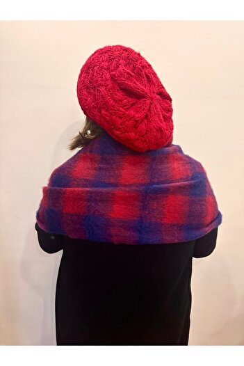 alsaccessories Red-Navy Square Pattern Boucle Puff Shawl - Scarf Length 205X40 cm