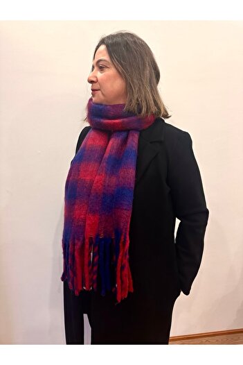 alsaccessories Red-Navy Square Pattern Boucle Puff Shawl - Scarf Length 205X40 cm
