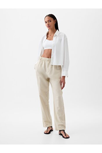 GAP Kadın Bej High Rise Keten Karışımlı Pull-On Pantolon