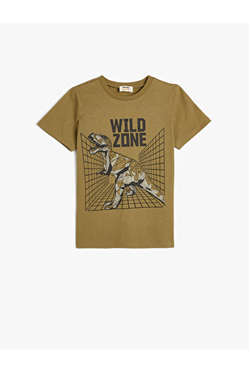 Koton T-shirt z dinozaurem i krótkim rękawem, bawełniany, z okrągłym dekoltem