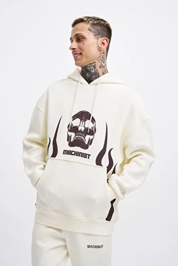 Machinist Men's Fire Printed Oversize Ecru Sweatshirt