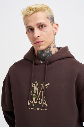 Machinist Men's Embroidered Hooded Oversize Brown Sweatshirt