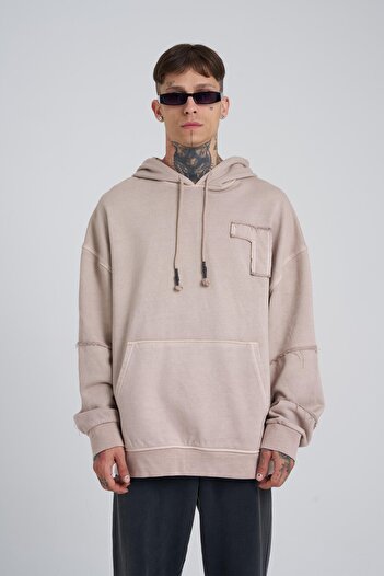 Machinist Men's Washable No 7 Hooded Oversize Beige Sweatshirt