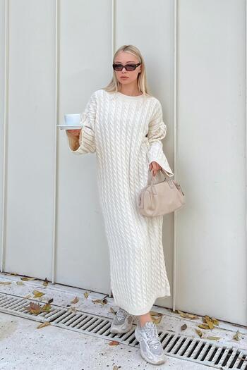 Swist Γυναικείο πλεκτό Midi Φόρεμα μπεζ Crew Neck Braided