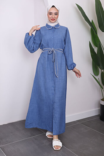 İmajButik Φόρεμα Indigo με ζώνη και ελαστικό μανίκι με κουμπιά