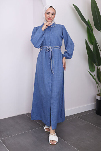 İmajButik Φόρεμα Indigo με ζώνη και ελαστικό μανίκι με κουμπιά
