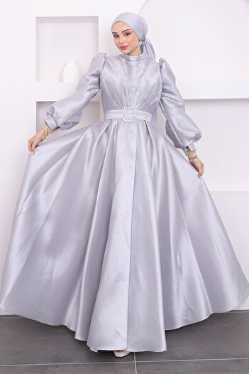 İmajButik Βραδινό φόρεμα με γκρι ντραπέ μανίκι με μπαλόνι