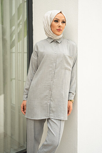 İmajButik Gray Pocketed Tunic Trousers Set