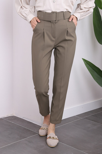 İmajButik Fabric Pencil Pants - KHaki with Belt and Pleat Detail