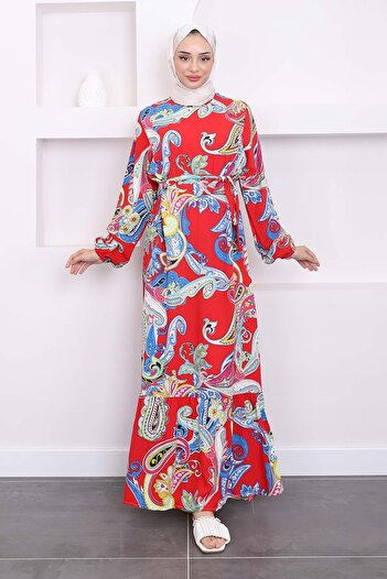 İmajButik Red Patterned Viscose Dress with Layered Skirt