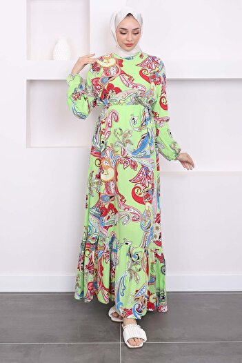 İmajButik Φόρεμα Pistachio Green Viscon - Φούστα με μοτίβο και κλιμάκωση