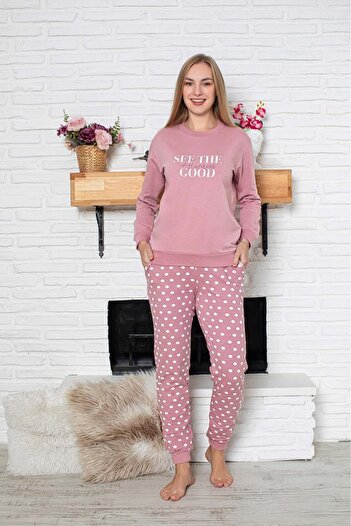 bie's Kadın Pembe Puantiyeli Bilek Manşetli 2 İplik Cepli Kışlık Jogger Eşofman Pijama Takımı Homewear