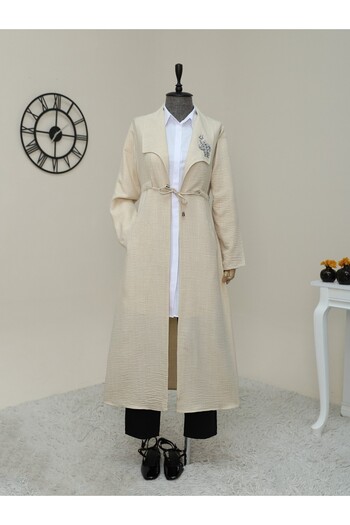 Modamorfo Beige Linen Cap - Stone Embroidered and Drawstring Waist